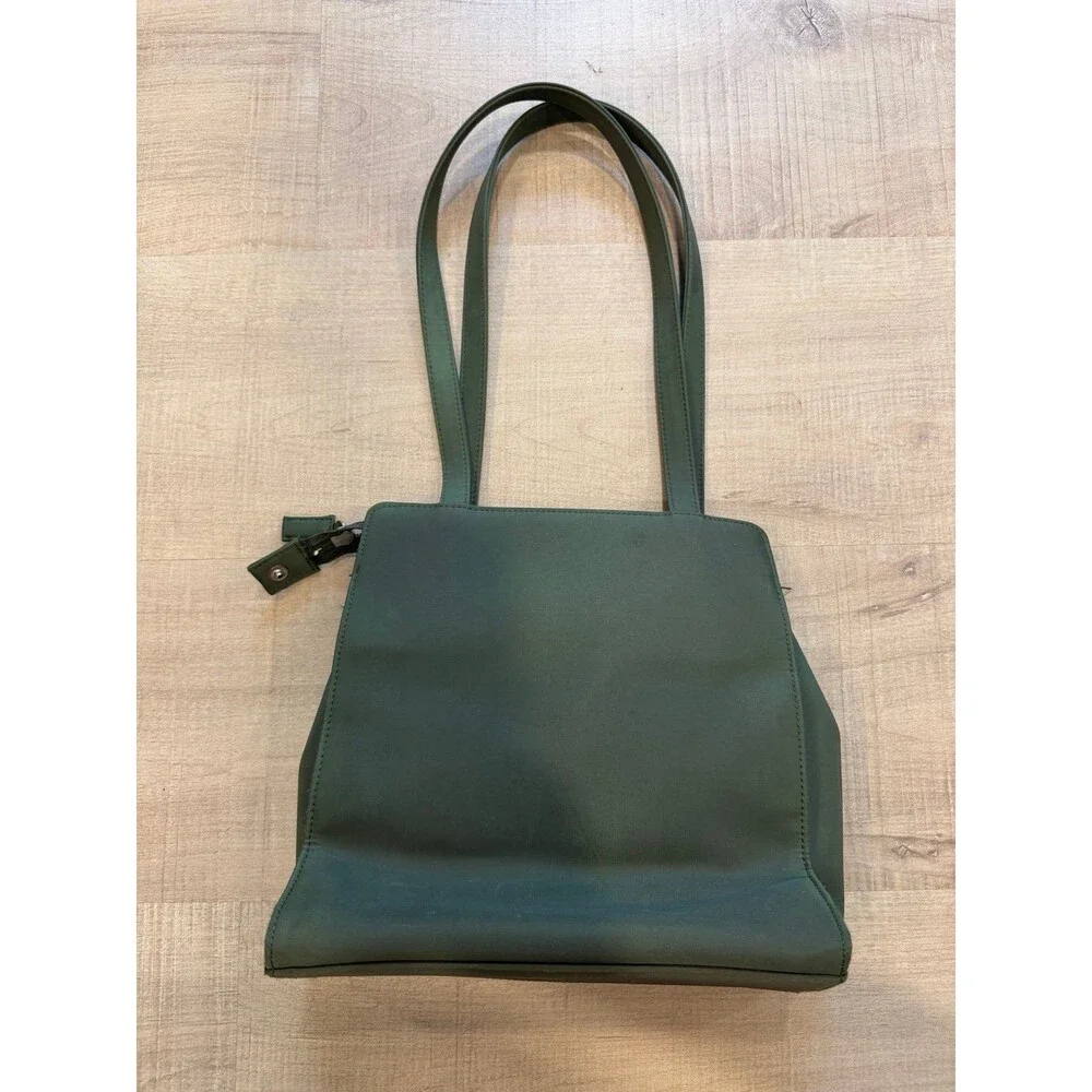 GUESS Forest Green Nylon Tote Bag Shoulder Purse Front Zip Pocket Logo